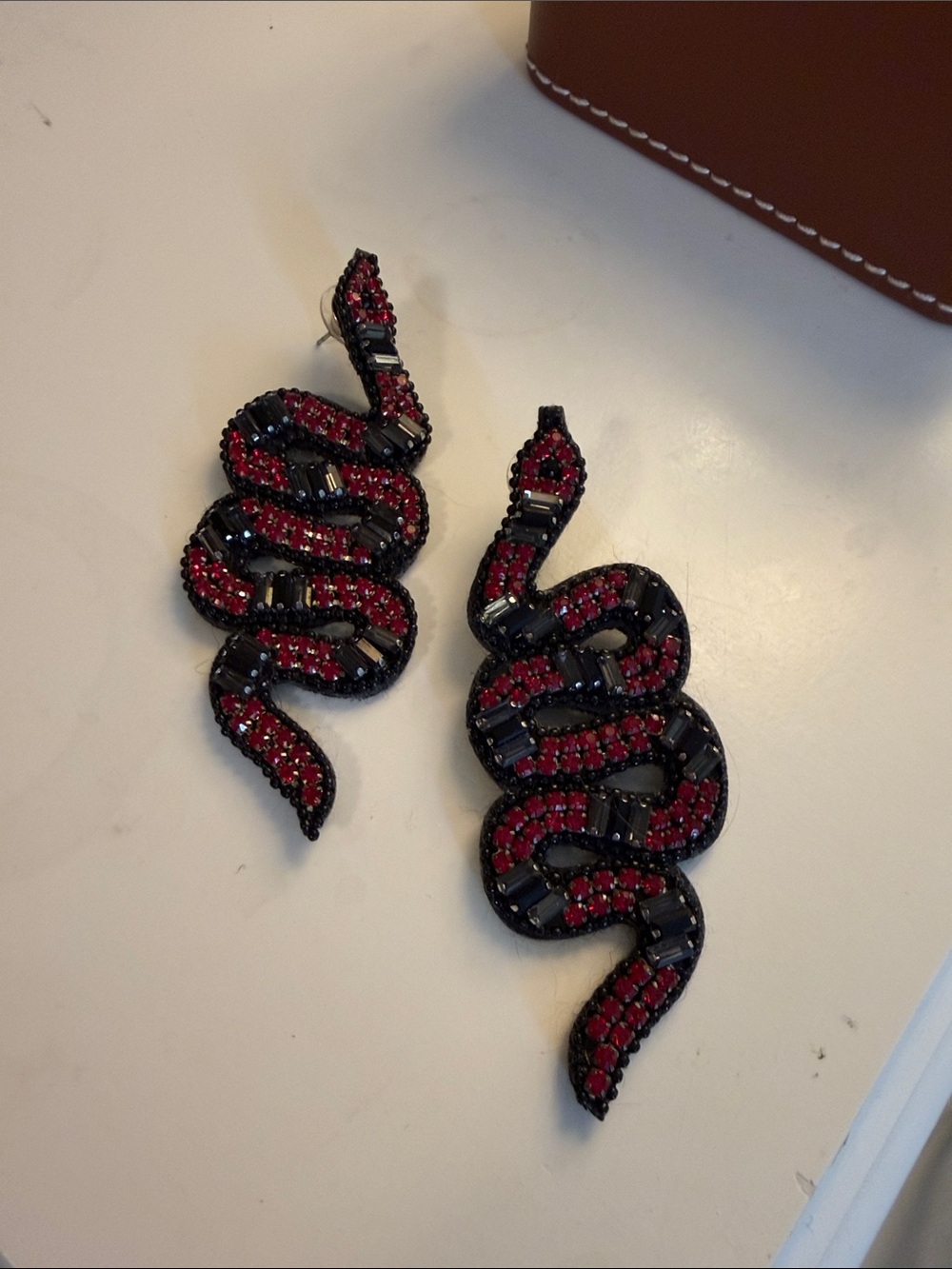 Red and Black Beaded Snake Earrings - Felt back